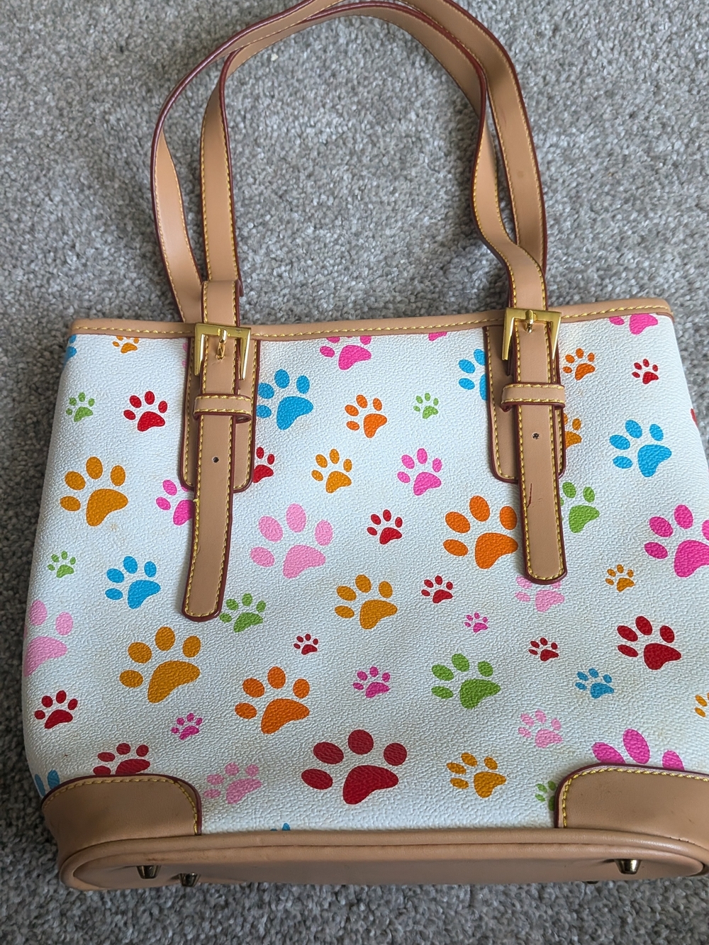 White Tote with Multicolor Paw Print Design